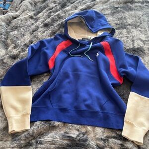 Ralph Lauren Royal Blue Hoodie with Red Accents and Cream Cuffs